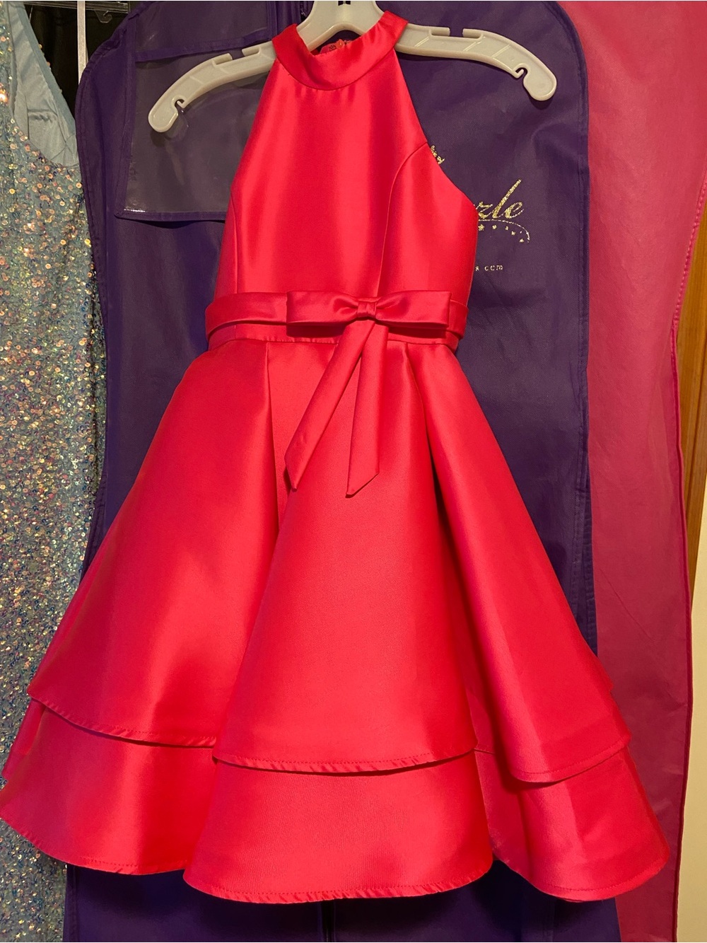 Girls' Fuchsia Satin Halter Pageant interview/Party Dress with Bow